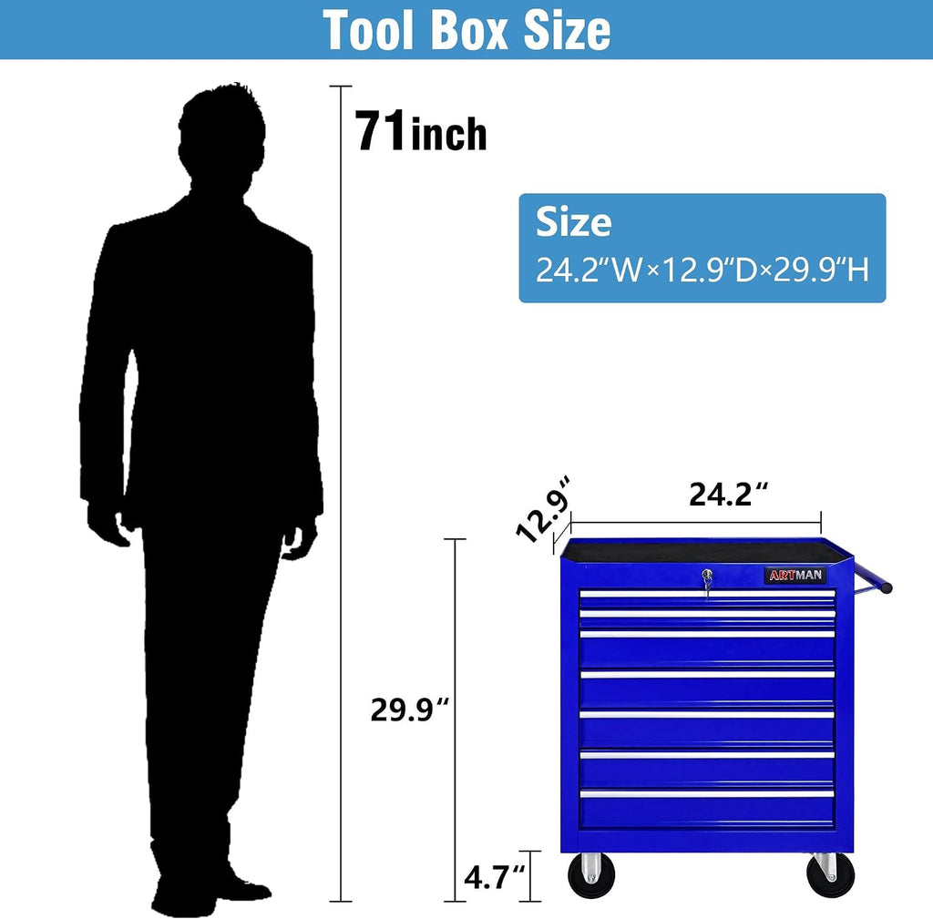 7 Drawers Rolling Tool Cart on Wheels, Multifunctional Organizer Tool Chest Tool Case, Trolley Tool Storage Tool Box for Workshop,Garage,Repair Shop (7 Drawers 24.2' W×12.9' D×29.9' H-Blue)