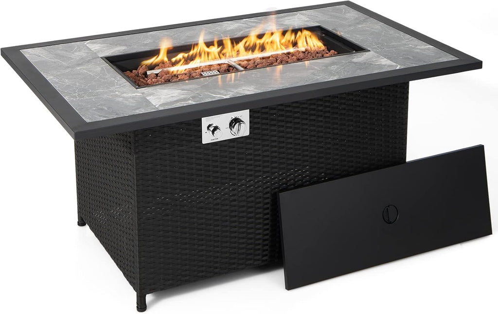 COSTWAY 52' Patio Propane Fire Pit Table, 50,000 BTU Outdoor Fire Table, Electric Pulse Ignition, Marble Tabletop & Weatherproof Rattan, Protective Cover Included, Perfect for Backyard, Poolside