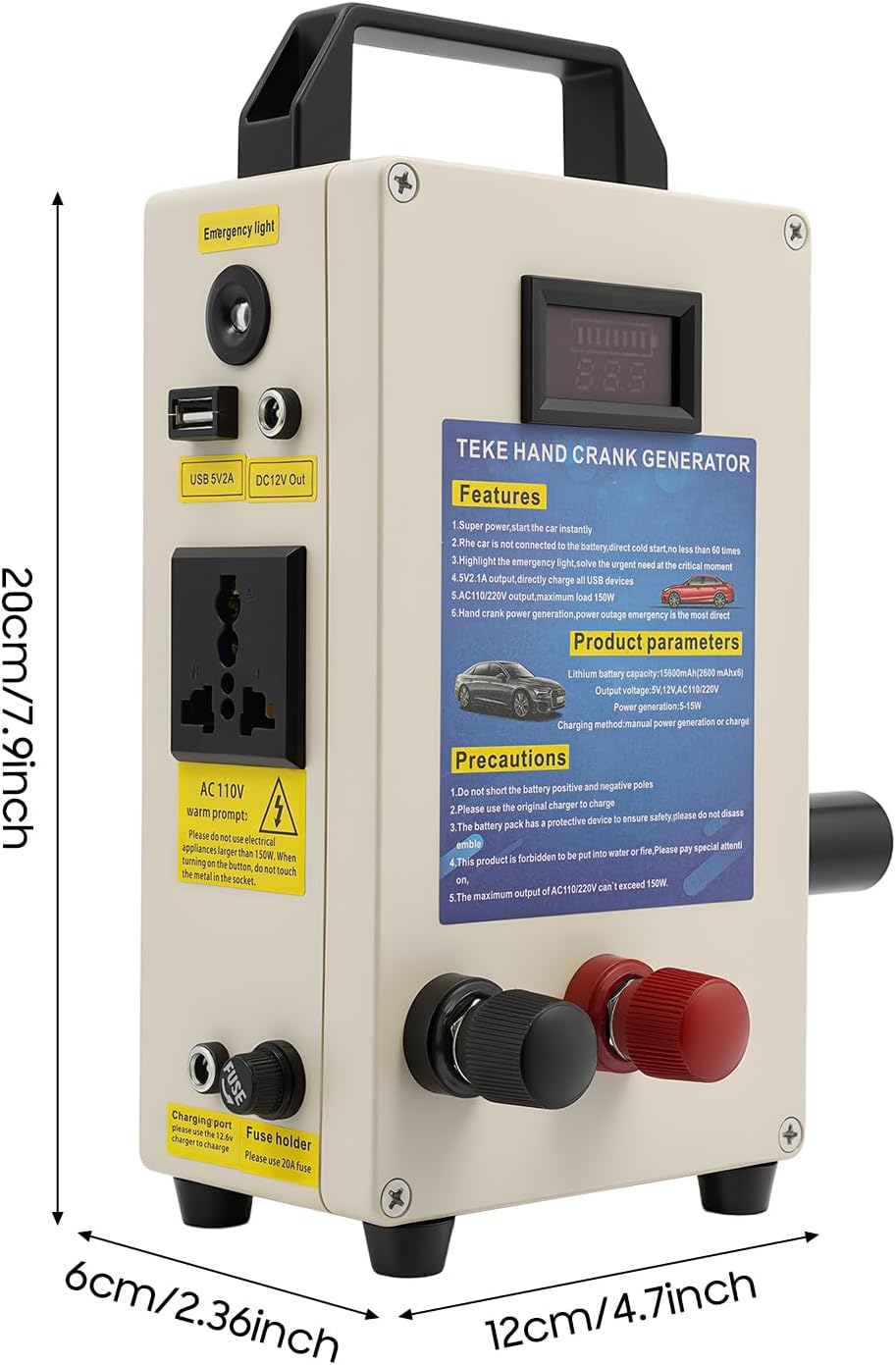 15W Hand Crank Generator, 110V Portable Hand Crank Dynamo Generator Manual Power Supply Emergency Charger Emergency Survival Power Energy w/LED for Field Operations Field Trips Rescue Operations