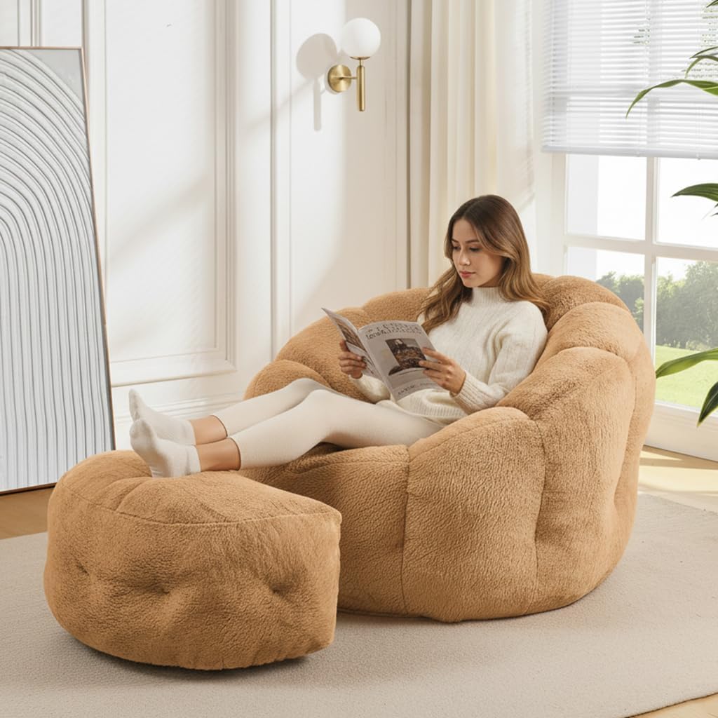 Bean Bag Chair with Ottoman, Flower Shape Bean Bag Chairs for Adults and Teens, Comfy Plush Faux Fur Bean Bags for Living Room, Bedroom, Apartment, Dorm, Brown