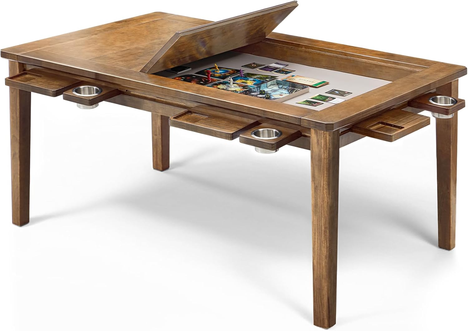 Coperat Solid Wood Board Game Table for 4-6 Players,Dining/Gaming Table w/ 54'x31' Big Gaming Space and Removable Top,Includes Game Mat, 6 Cup Holders & Hobby Tray, Light Walnut