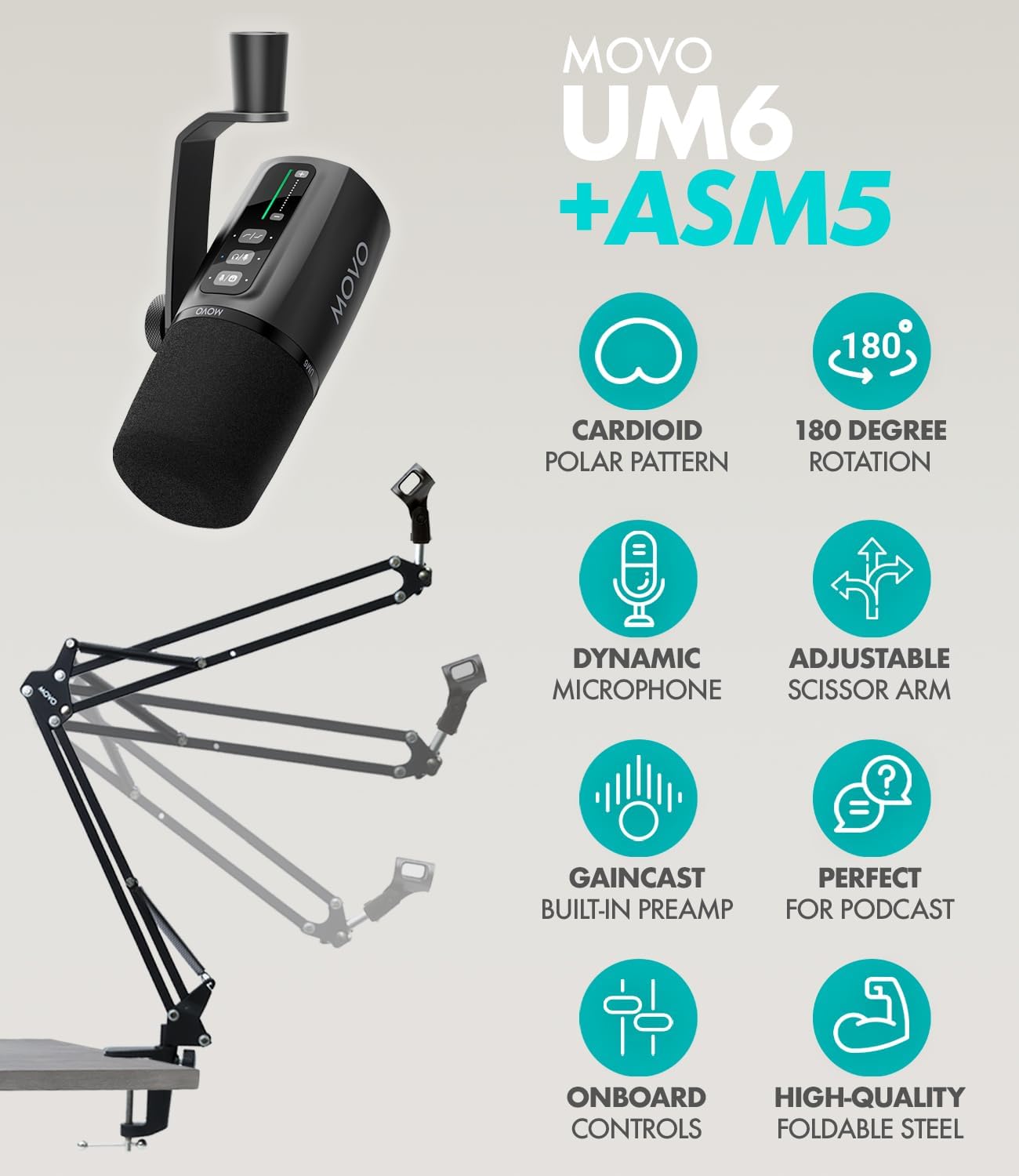 Movo Portable Podcast Equipment Bundle for iPhone/Android Phones- Podcast Kit with Audio Interface, 2 UM6 Dynamic Mics, 2 Boom Arms - for Smartphones, Computers, PC and Mac