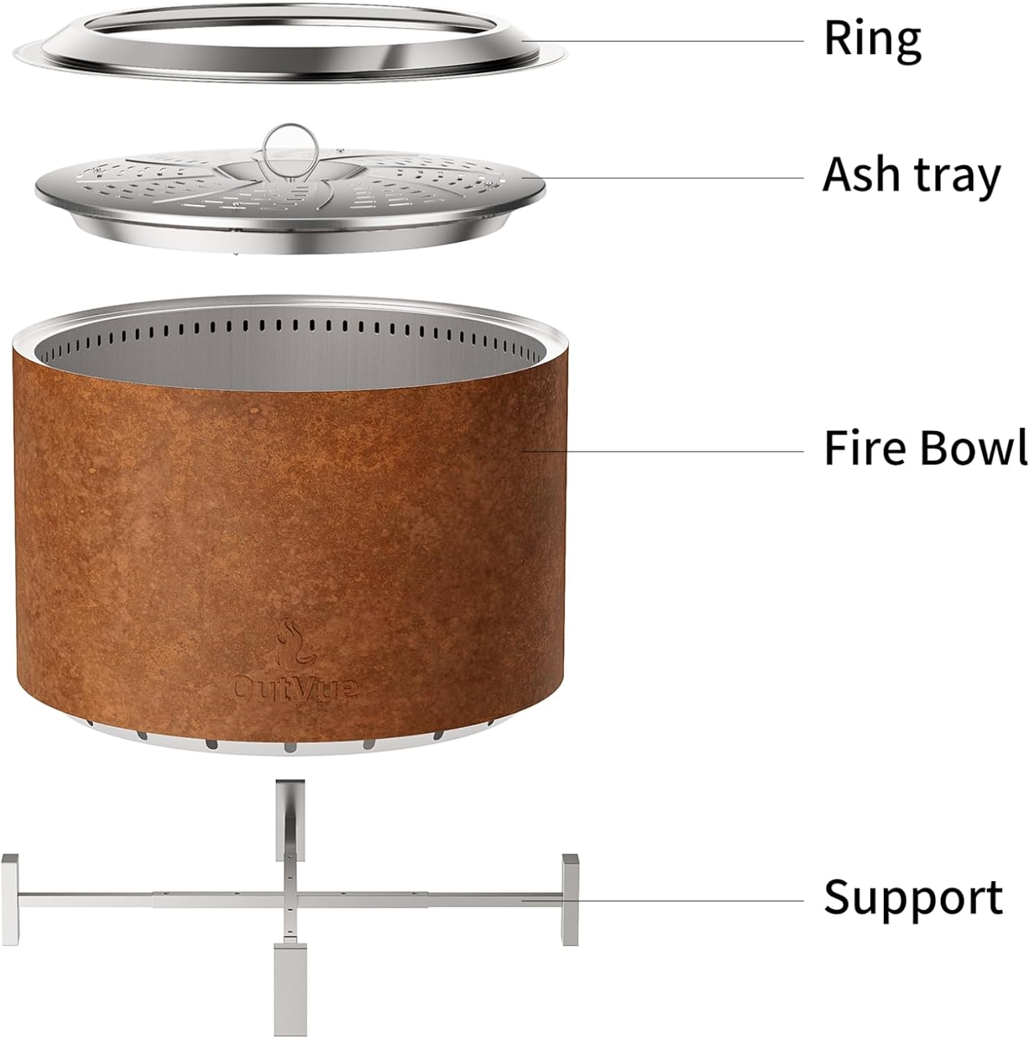 OutVue Stainless Steel Smokeless Fire Pit, Outdoor Smokeless Firepit, Wood Burning Fire Pits for Bonfire, Patio, Camping, Low Smoke Firepit for Outside (Rusty, 27 Inch)