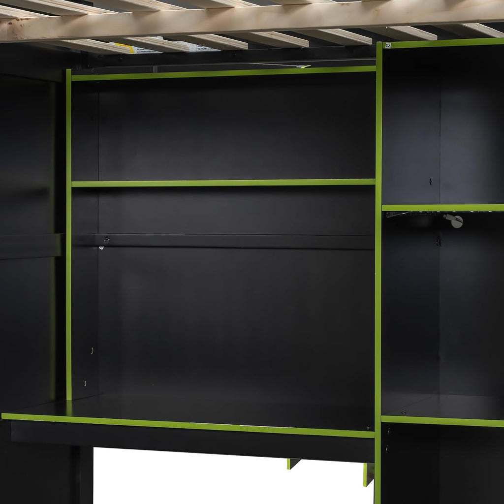 SOFTSEA Full Size Gaming Loft Bed with Desk, Bookshelves, Open Wardrobe & LED Lights for Bedroom, No Box Spring Needed, Green