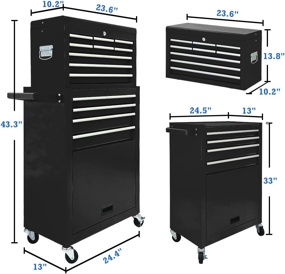 13 Drawers Tool Chest with Wheels,Large Capacity Tool Storage Cabinet with Removable Top Toolbox, Locking Mechanical Tool Cart with Liner,Suitable for Garages, Warehouses-Black
