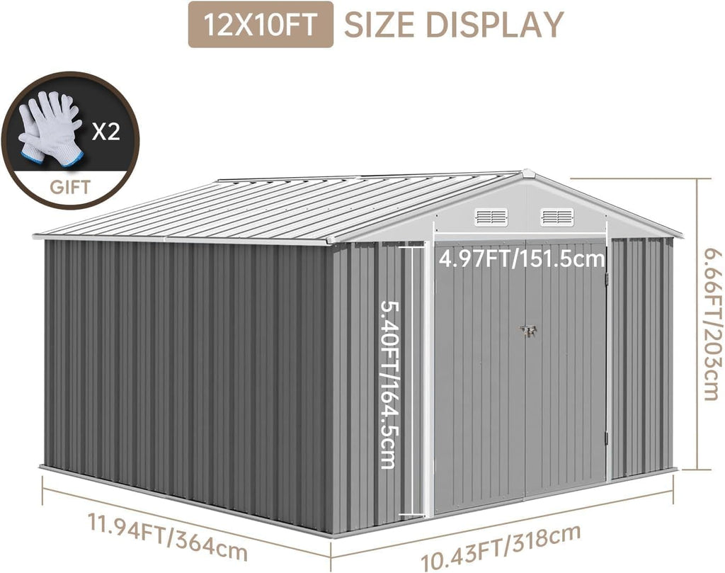 12X10 FT Outdoor Large Metal Shed, Galvanized Steel Utility Storage Shed with Lockable Door & Vents, Waterproof All-Weather Garden Tool Shed for Lawn Mower, Bike