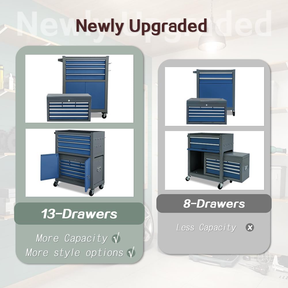 13-Drawer Tool Chest with Double Door Handle,2 in 1 Detachable Rolling Tool Chests with Wheels and Drawers,Large Tool Box with Lock,Mobile Steel Tool Cabinet Storage (Gray&Blue)