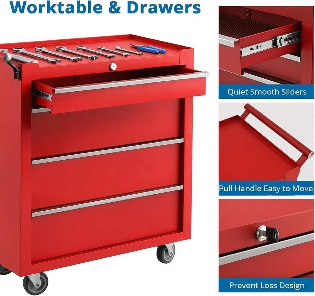 Tool Chest with Wheels, 4 Drawer Rolling Tool Storage Cabinet Cart, Portable Toolbox Organizer with Locking System, Drawer Liners for Garage, Workshop, Shop, Mechanic, Red
