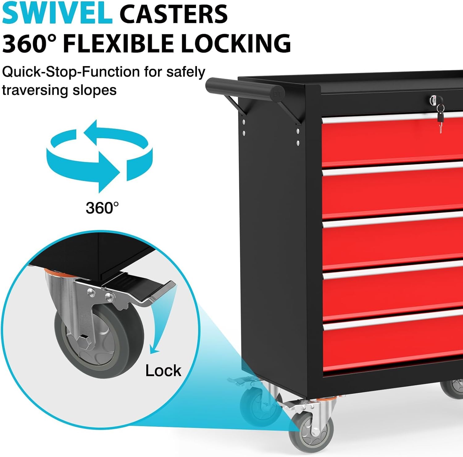 5 Drawers Rolling Tool Box, Portable Storage Tool Chest with Wheels, Rolling Tool Box with Lock for Warehouse, Garage, Repair Shop and Tool Room