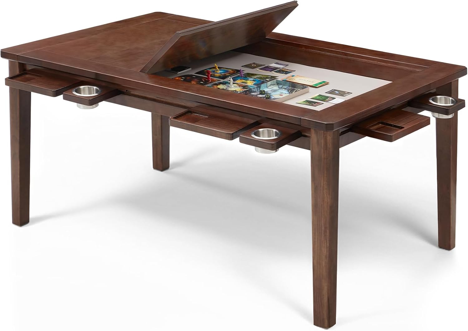 Coperat Solid Wood Board Game Table for 4-6 Players,Dining/Gaming Table w/ 54'x31' Big Gaming Space and Removable Top,Includes Game Mat, 6 Cup Holders & Hobby Tray, Warm Walnut
