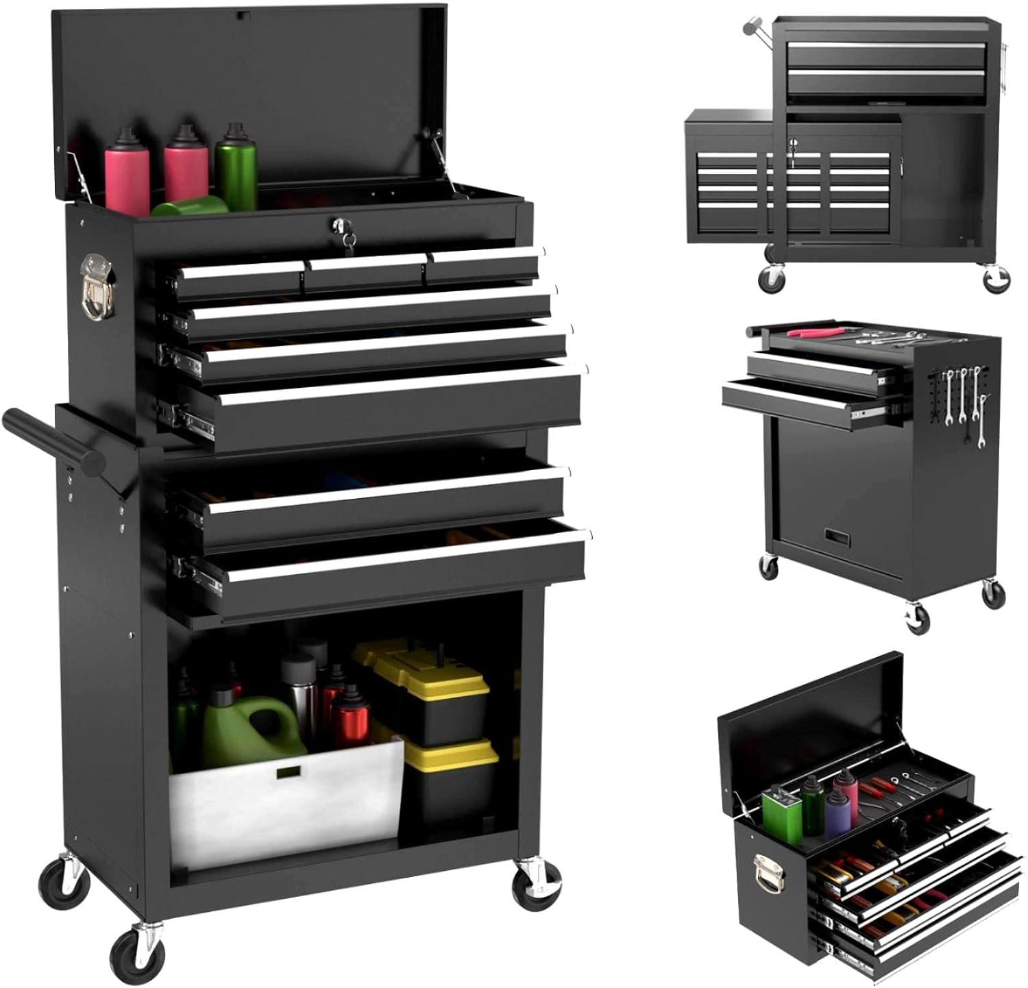 8-Drawer Rolling Tool Box, Lockable Rolling Tool Chest with Wheels and Drawers, 2 in 1 Large Capacity Storage Tool Cabinet for Warehouse, Garage, Tool Room and Repair Shop (Black)