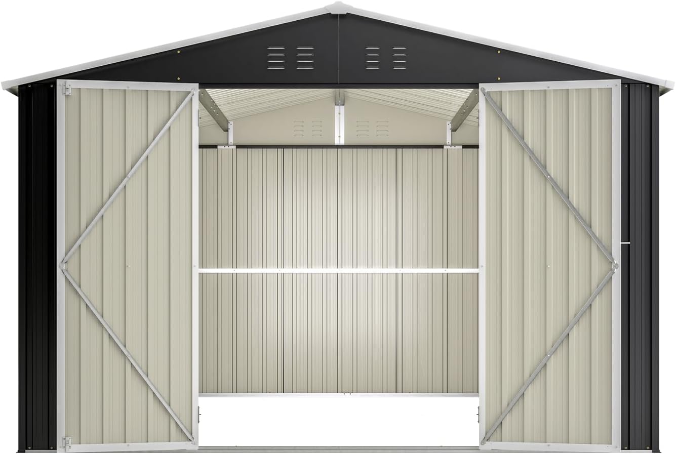 Outdoor Storage Shed 10x12 FT, Metal Tool Storage with Lockable Doors and Reinforced Frame, Black