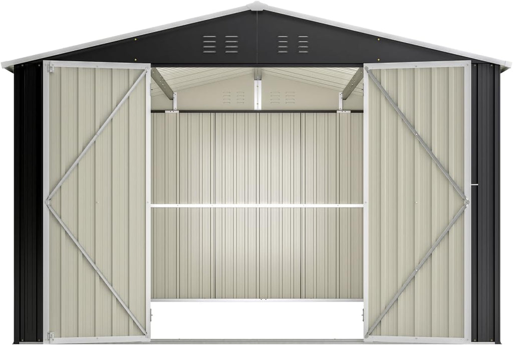 Geelife Outdoor Storage Shed 10x12 FT, Metal Tool Storage with Lockable Doors and Reinforced Frame, Black