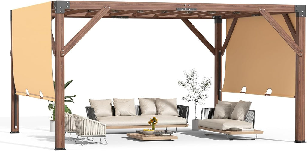 GarveeLife 12x14 FT Wooden Pergola, Cedar Wood Gazebo with Arched Roof, Outdoor Garden Shelter with Stakes Included, Patio, Deck, Backyard, Lawn