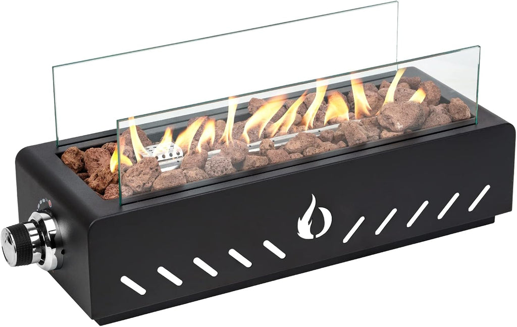 18' Tabletop Propane Gas Fire Pit Bottom-mounted for Table with Umbrella Hole, Portable Smokeless Firepit with Glass Wind Guard for Patio Backyard Camping RV Tailgating, #FP027