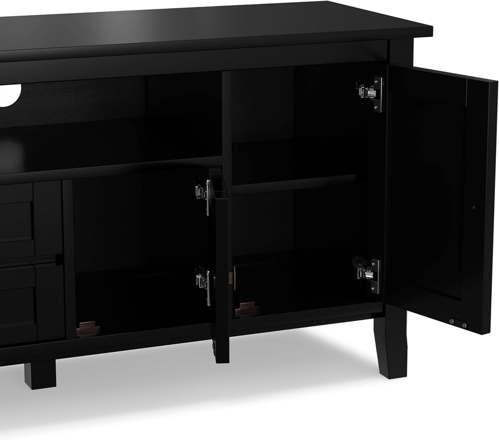 SIMPLIHOME Warm Shaker TV Stand - 72 inch Wide Solid Wood Media Console in Black, Transitional Entertainment Center for Living Room for TVs up to 80 Inches with Cabinets and Cable Management
