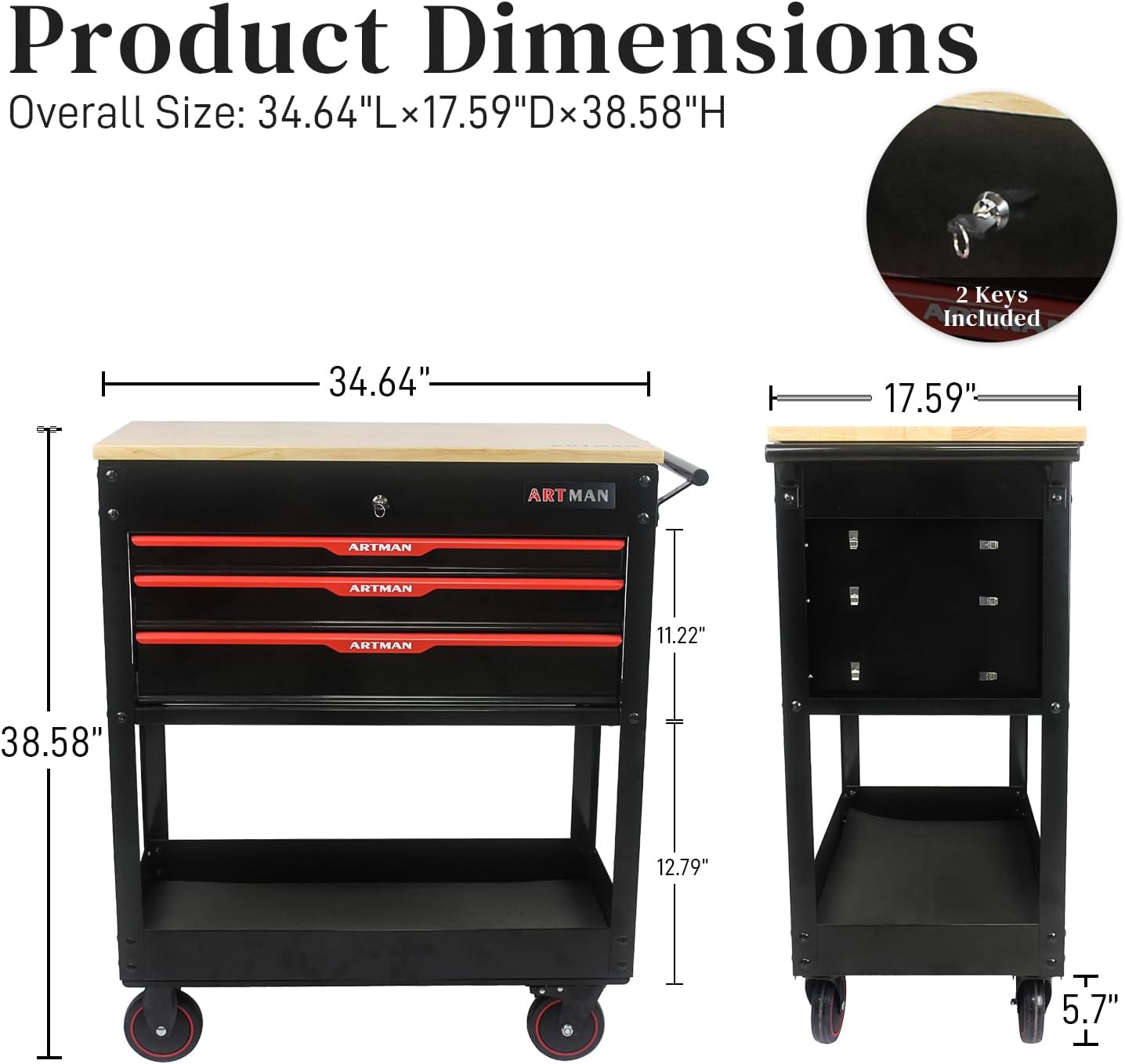 Rolling Tool Cart with 3-Drawer Utility Tool Box with Wheels Wood Top Mechanic Tool Storage Organizer Cabinet for Garage, Warehouse, Workshop, Repair Shop - Red