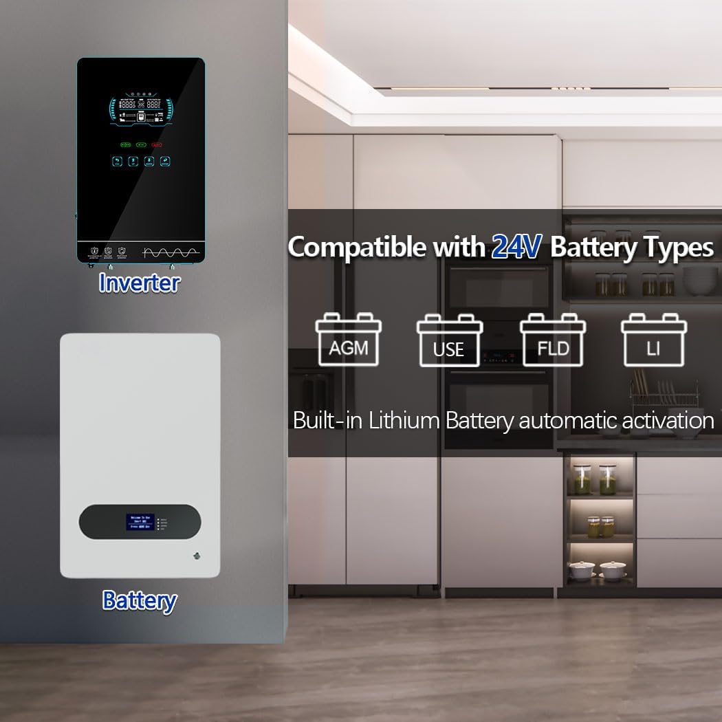Y&H 4000W Hybrid Solar Inverter DC24V 120VAC Pure Sine Wave Output Battery-Free Starting, Built-in 140A MPPT Charger, 6.25' Touch LCD, UPS/Line/Battery Mode, for Off-Grid Home/RV/Energy Storage System
