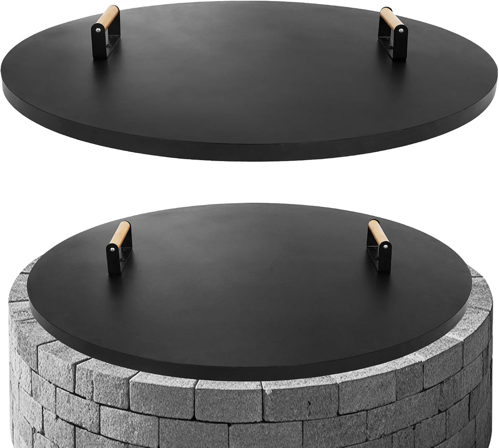 G GOOD GAIN Firepit Lid Round 36 Inch - Rust Resistant Fire Pit Lid Cover with Wooden Handle & Gloves, Fire Pit Snuffer Lid for Courtyards, Patio, Winter Cold Protection. Fits Fire Pits Up to 34'