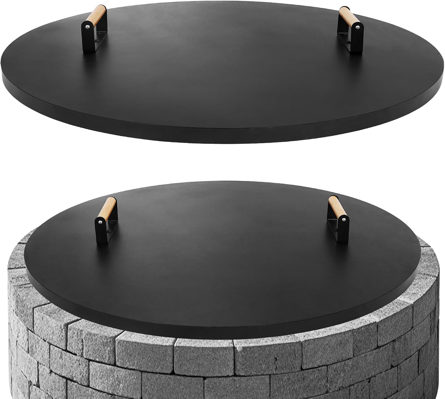 G GOOD GAIN Firepit Lid Round 36 Inch - Rust Resistant Fire Pit Lid Cover with Wooden Handle & Gloves, Fire Pit Snuffer Lid for Courtyards, Patio, Winter Cold Protection. Fits Fire Pits Up to 34'