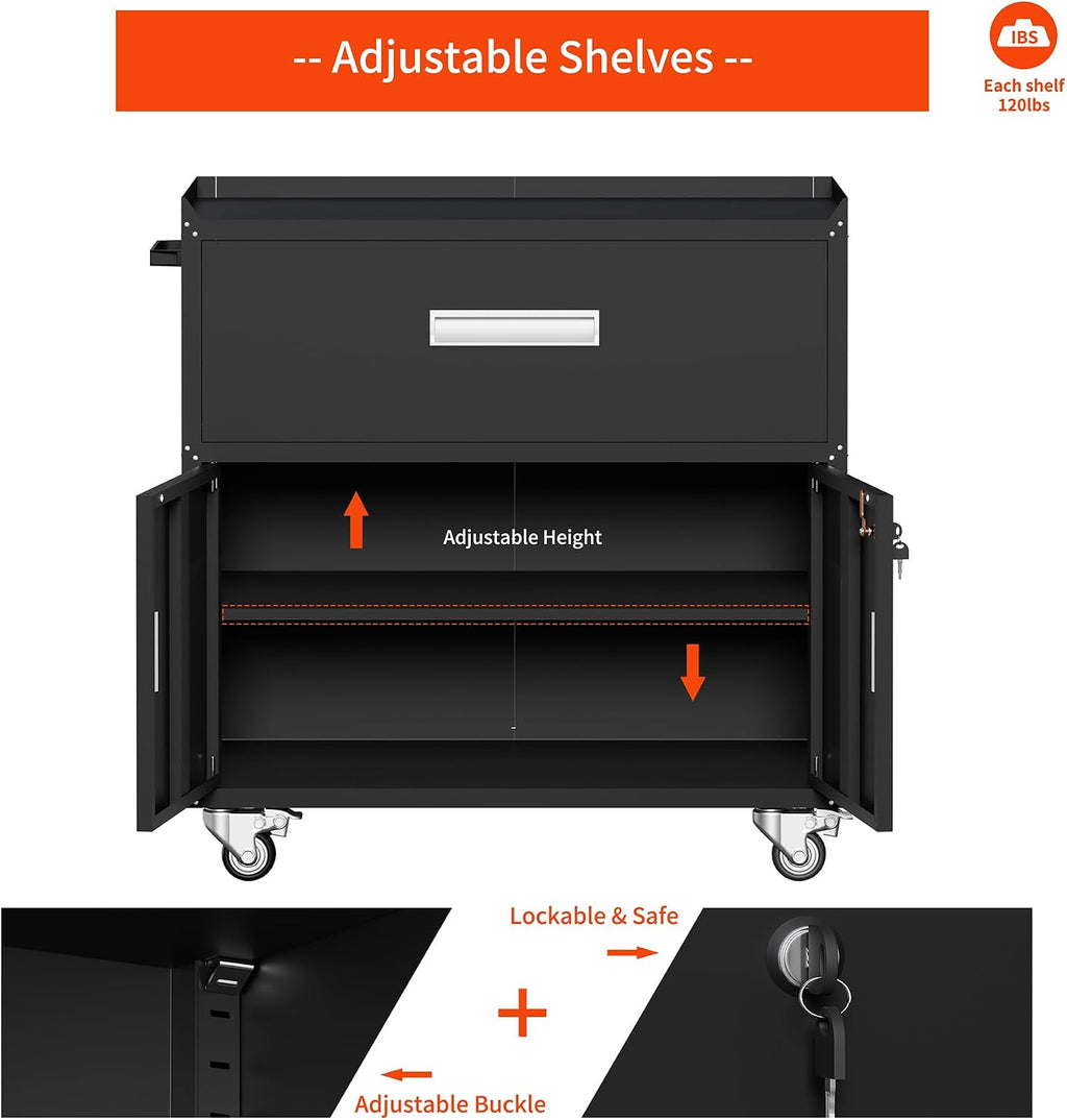 Washsemba Metal Garage Storage Cabinet with Wheels ，Rolling Toolbox with Lockable Drawer, Utility Cabinet for Home, Office, Garage and Workshop (Black)
