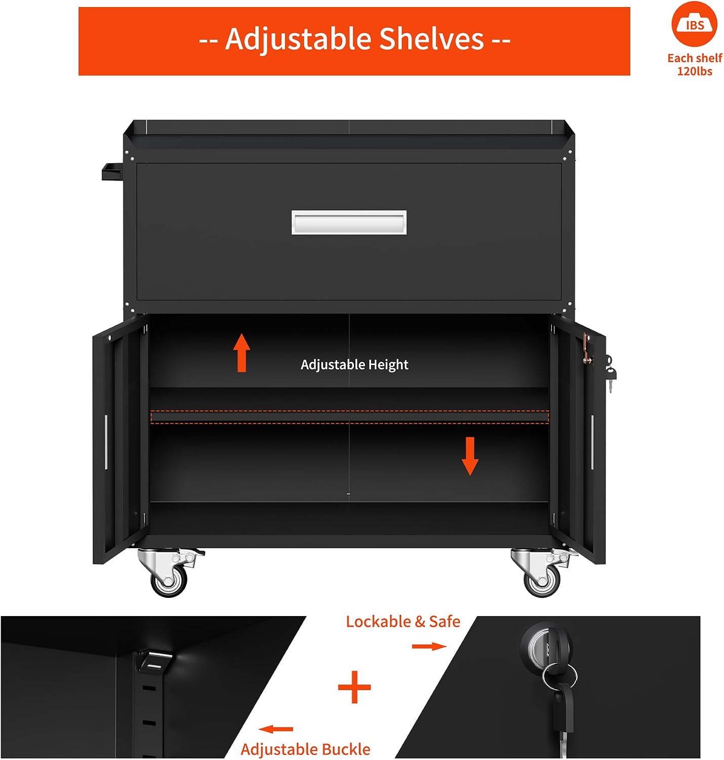 Washsemba Metal Garage Storage Cabinet with Wheels ，Rolling Toolbox with Lockable Drawer, Utility Cabinet for Home, Office, Garage and Workshop (Black)