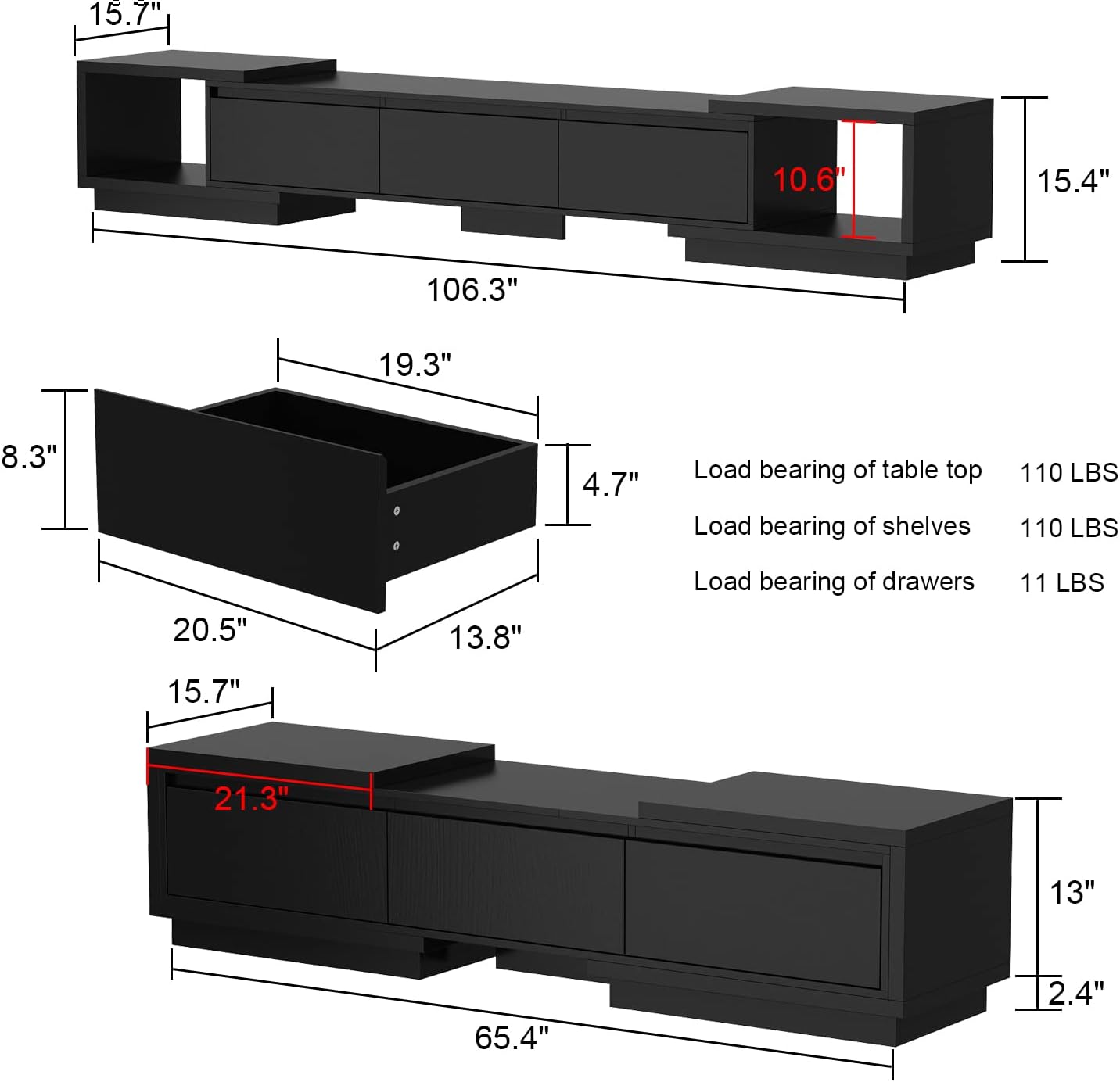 AIEGLE Deformable TV Console with 3 Drawers, Modern Extendable TV Stand in Stretch of 65'-106' Wide, Wood Media Gaming Entertainment Center, Black