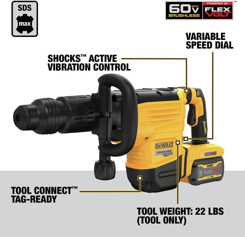 DEWALT 60V MAX* 22 lb. Cordless SDS MAX Chipping Hammer Kit (DCH892X1)