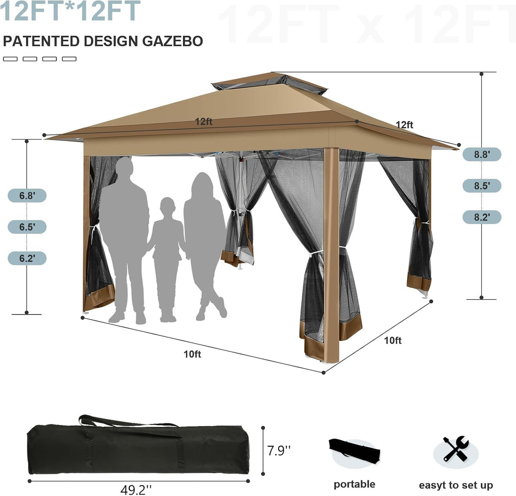 COBIZI 12x12 FT Pop up Gazebo on Clearance Canopy Tent, Carpas para Patio, Easy up Outdoor Canopy Tents with Portable Storage Bag for Backyard, Outdoor Waterproof Gazebos for Garden,Camping, Brown
