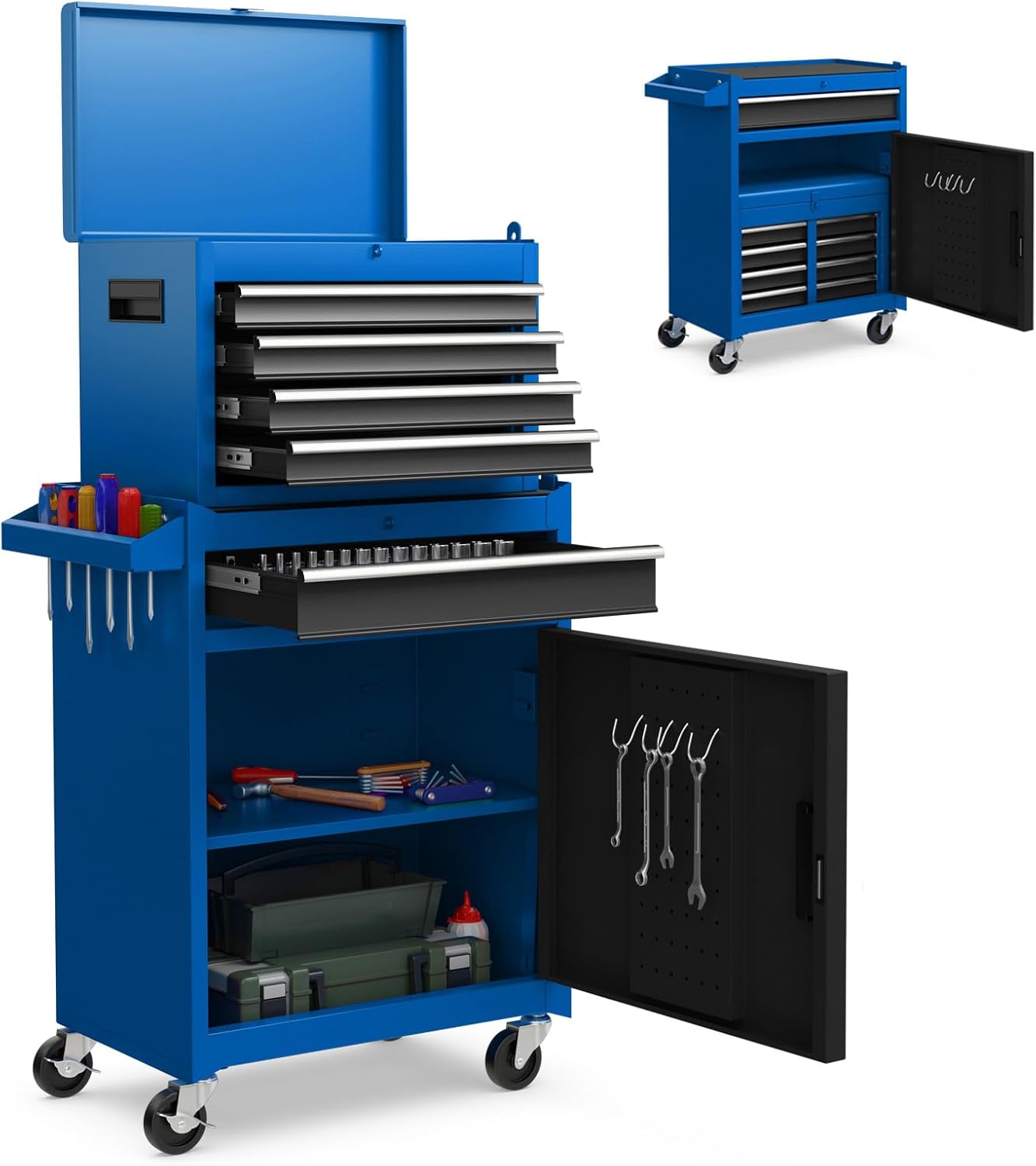 IRONMAX Rolling Tool Chest, 5-Drawer Lockable Tool Cabinet w/Adjustable Shelf & 4 Universal Wheels, 2 in 1 Detachable Tool Box Storage Organizer for Garage Workshop Repair Shop, Blue