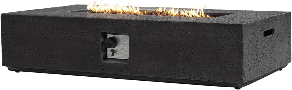 SUNBURY Outdoor Travertine Fire Pit Table, 56 inches Rectangle Propane Gas Patio Fire Pit 50,000 BTU Concrete, Low Firepit Table with Lava Rocks, Waterproof Cover (Grey)