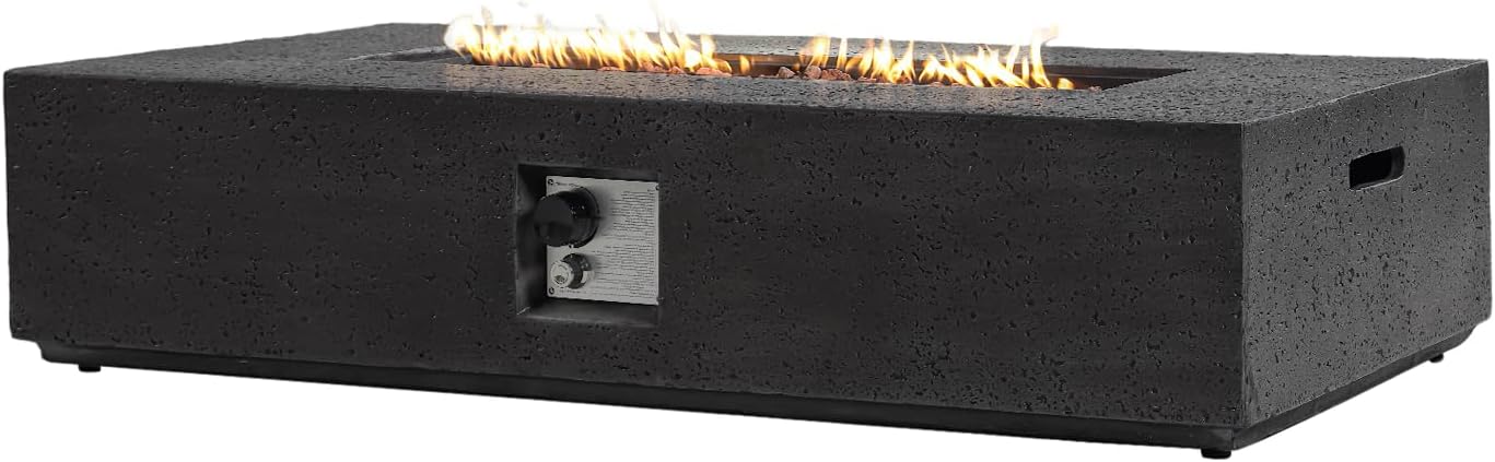 SUNBURY Outdoor Travertine Fire Pit Table, 56 inches Rectangle Propane Gas Patio Fire Pit 50,000 BTU Concrete, Low Firepit Table with Lava Rocks, Waterproof Cover (Grey)
