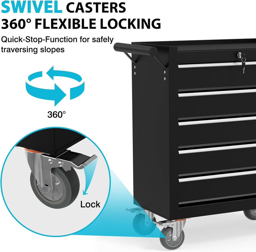 5 Drawers Metal Rolling Tool Chest, Portable Storage Tool Box with Wheels, Toolbox with Lock for Warehouse, Garage, Repair Shop and Tool Room