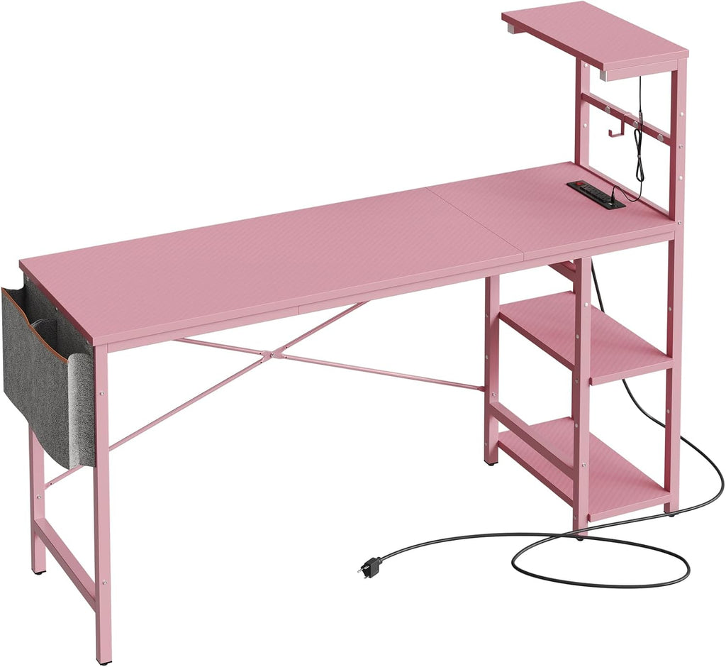 Bestier Gaming Desk with Power Outlets, 61 Inch Large Led Gamer Desk with 4 Tiers Reversible Shelves, PC Gaming Table with Headset Hook & Side Storage Bag for Bedroom (Pink 3D Carbon Fiber)