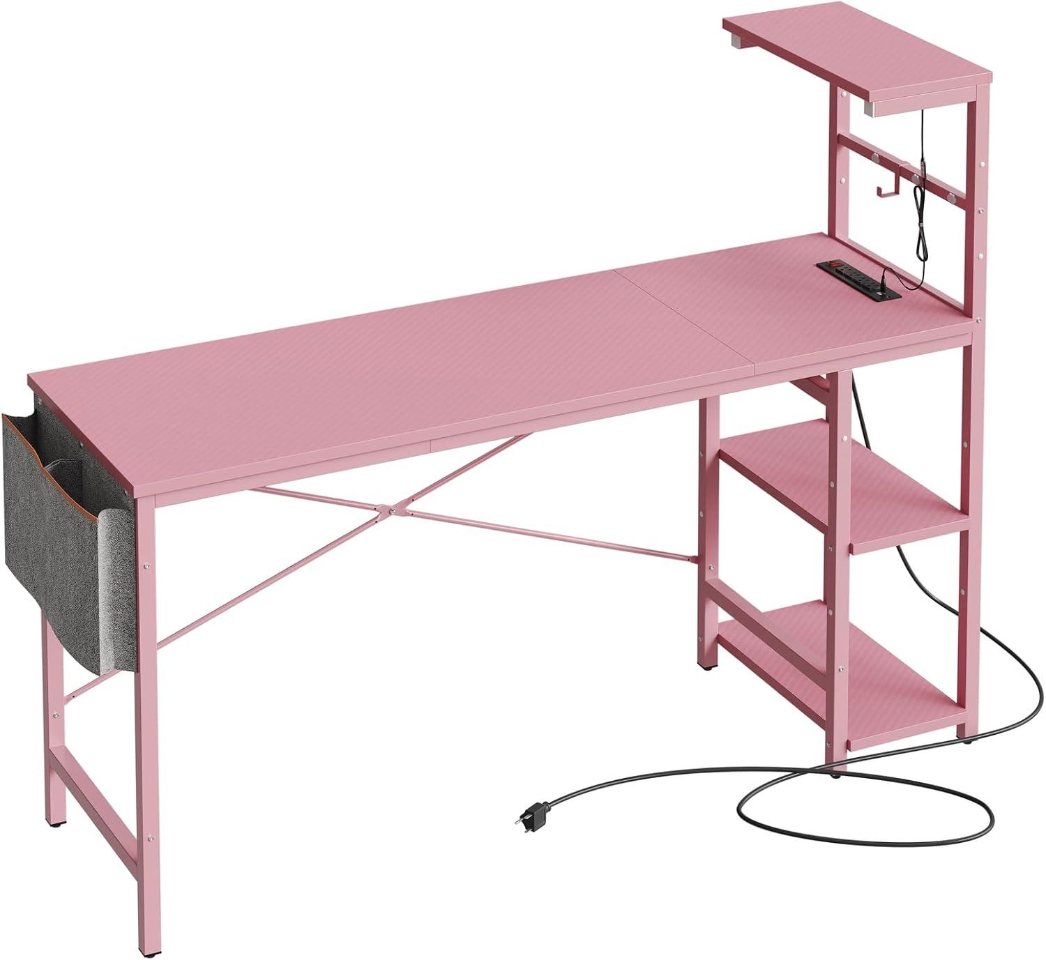 Bestier Gaming Desk with Power Outlets, 61 Inch Large Led Gamer Desk with 4 Tiers Reversible Shelves, PC Gaming Table with Headset Hook & Side Storage Bag for Bedroom (Pink 3D Carbon Fiber)