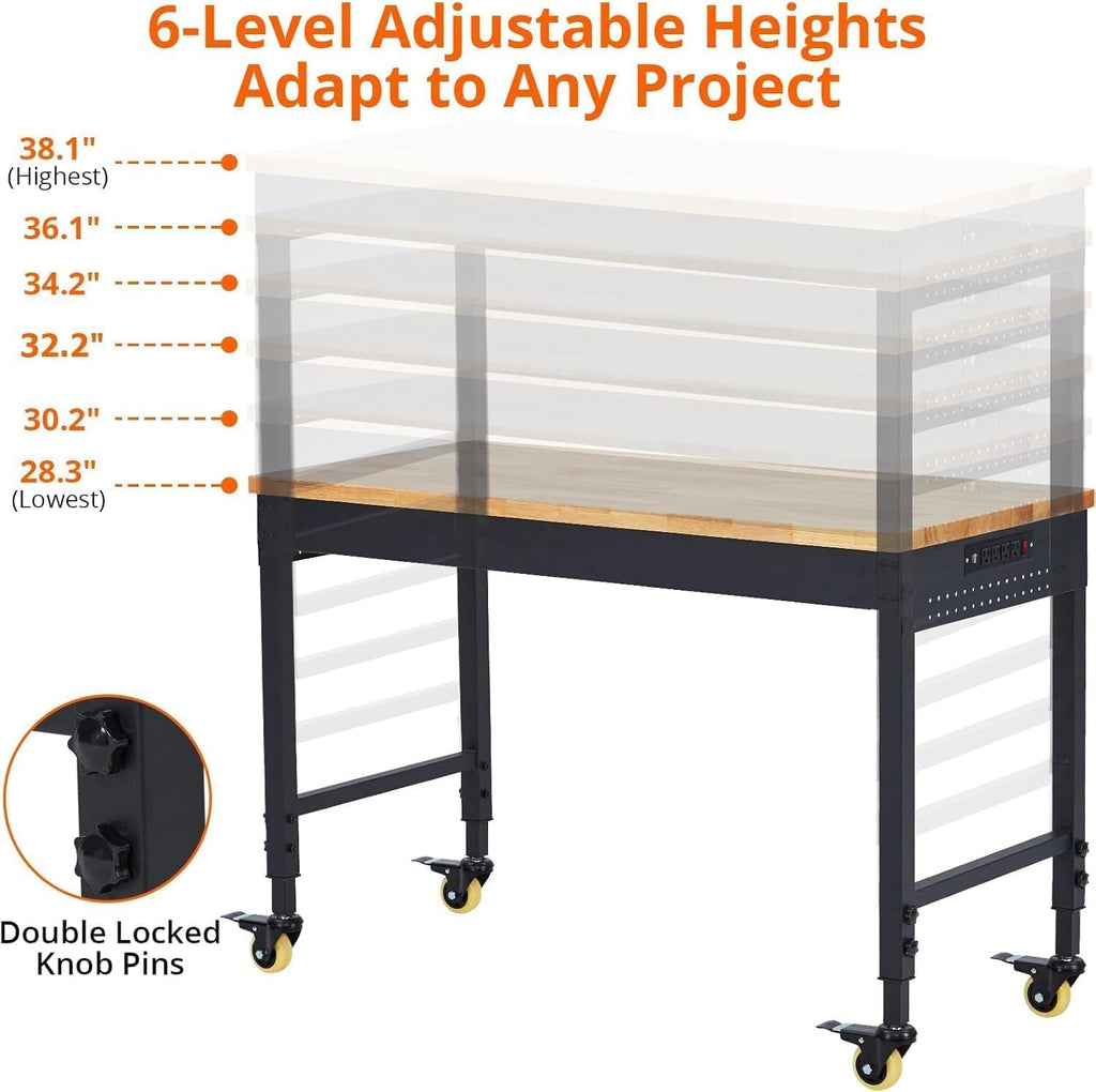 60' Adjustable Garage Workbench with Wheels, 2000LB Capacity, Hardwood Top, Power Outlets, Heavy Duty Work Table for Workshop, Home Office, Tools