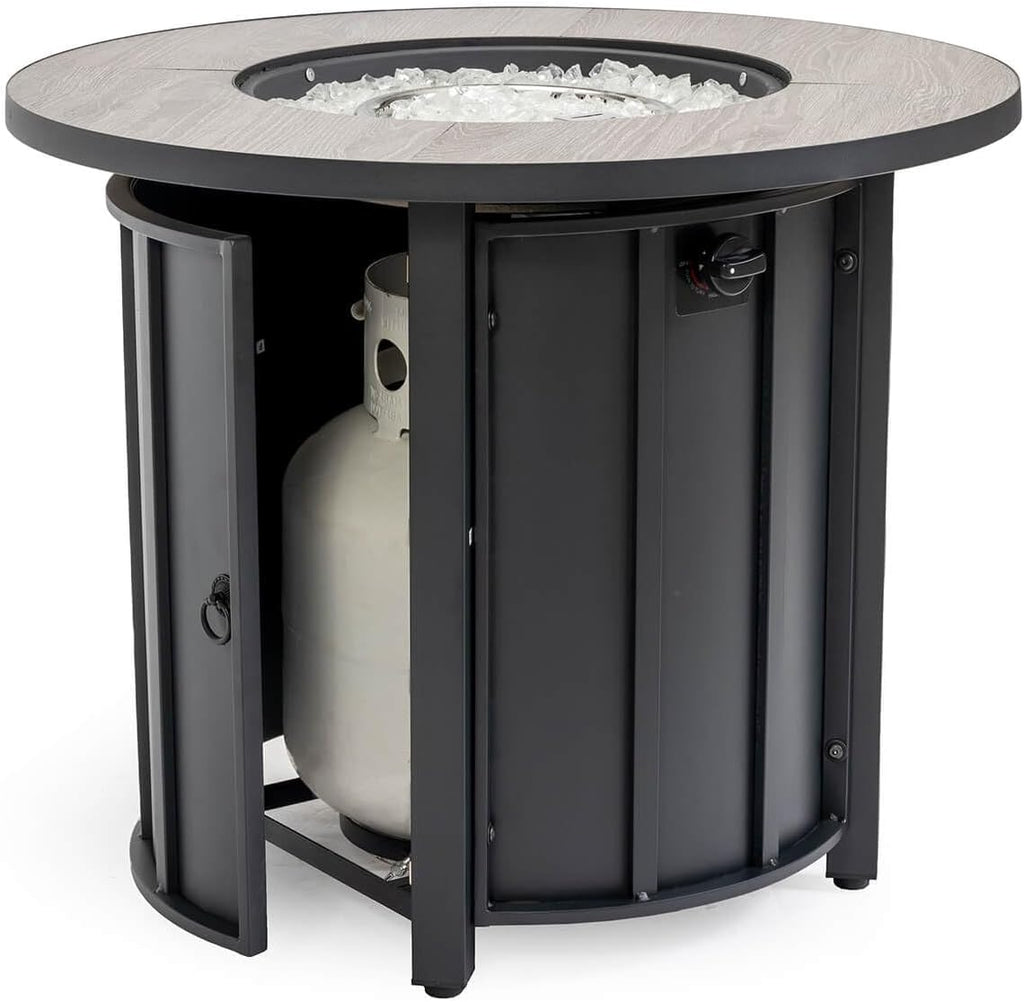 30'' Marble Ceramic Round Gas Fire Pit, 50,000 BTU Outdoor Fire Tables, Fire Table with Lid, Add Warmth & Ambience to Gatherings and Parties On Patio Deck Garden Backyard, White Glass Stone.