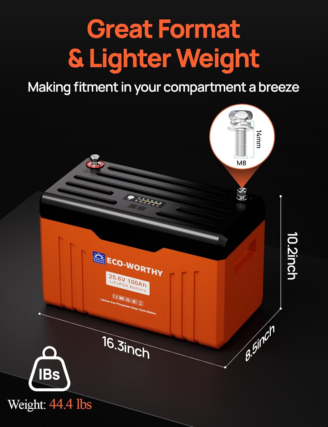 ECO-WORTHY 24V 100AH Bluetooth Lithium Battery with SOC LED Display, Built-in BMS with Low Temperature Protection, 15000+ Cycles Smart LiFePO4 Battery for Off-Grid, Home Power System, RV, Solar
