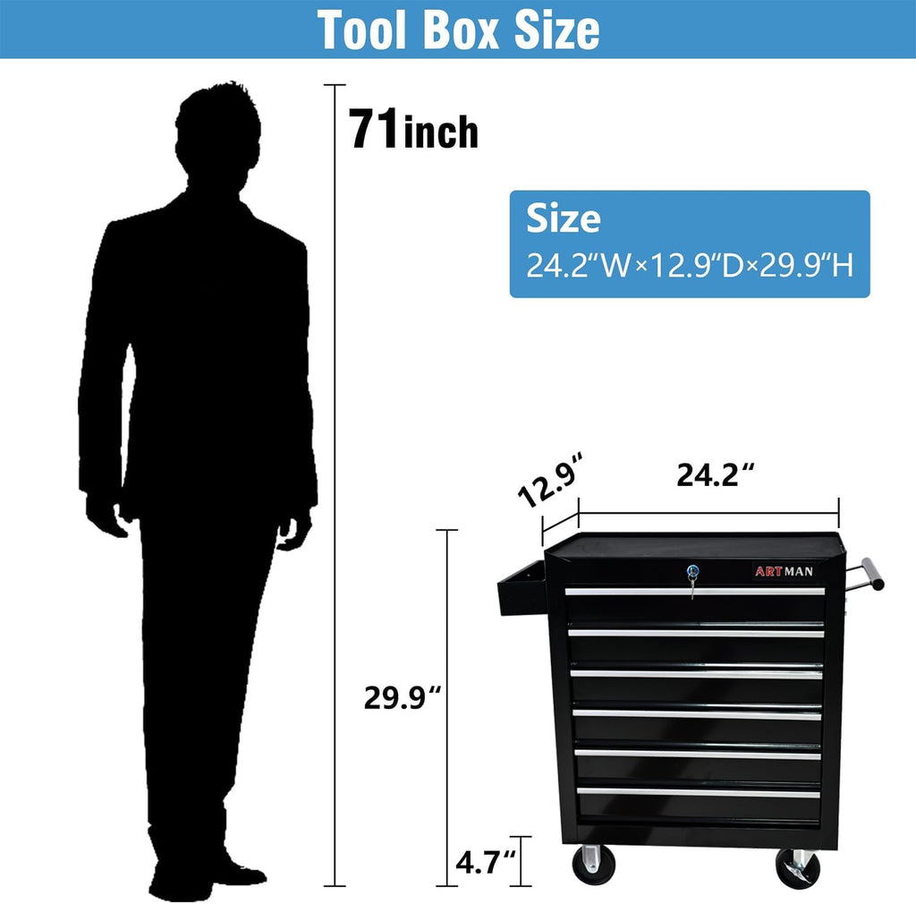 Aokleo 6 Drawers Tool Cart on Wheels, 6 Drawer Rolling Tool Chest with Key Lock, Trolley Organizer Tool Case, Multifunctional Rolling Tool Box for Garage,Warehouse,Workshop,Repair Shop (Black)