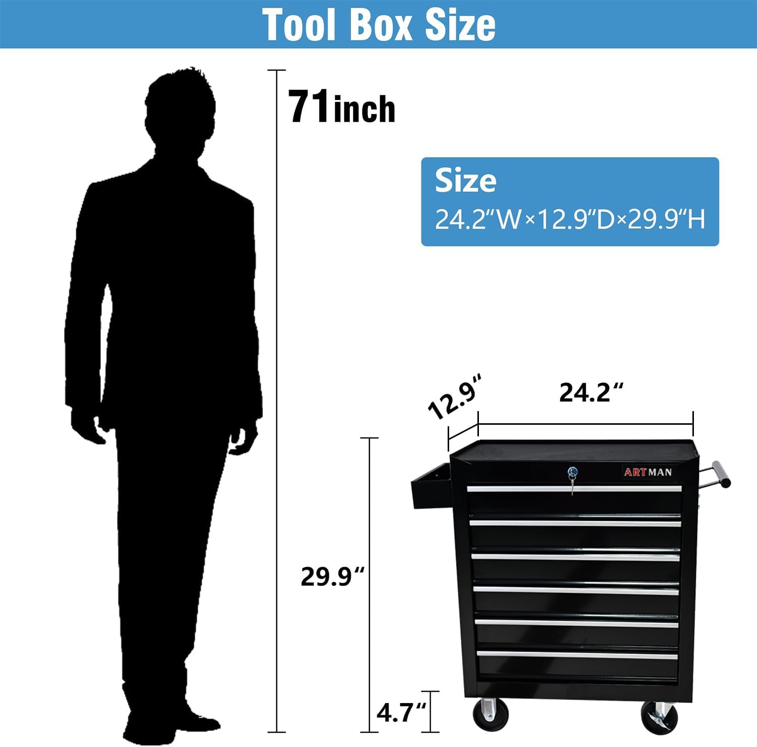 Aokleo 6 Drawers Tool Cart on Wheels, 6 Drawer Rolling Tool Chest with Key Lock, Trolley Organizer Tool Case, Multifunctional Rolling Tool Box for Garage,Warehouse,Workshop,Repair Shop (Black)