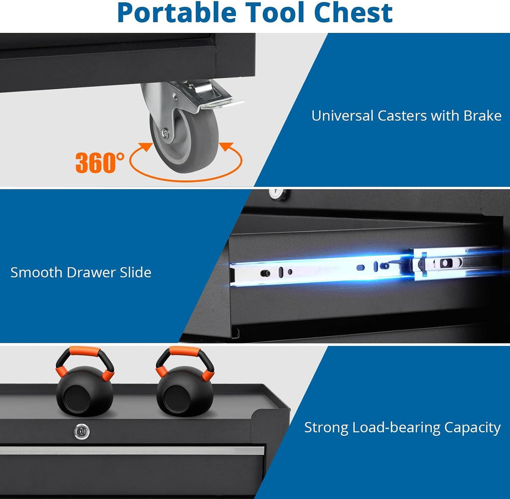 5-Drawer Rolling Tool Chest,Tool Cabinet on Wheels with Keyed Locking System and Drawer Liners,Tool Chest with Link Buckle and Can Be Combined to Large Cabinet Set,for Garage, Warehouse & Repair Shop