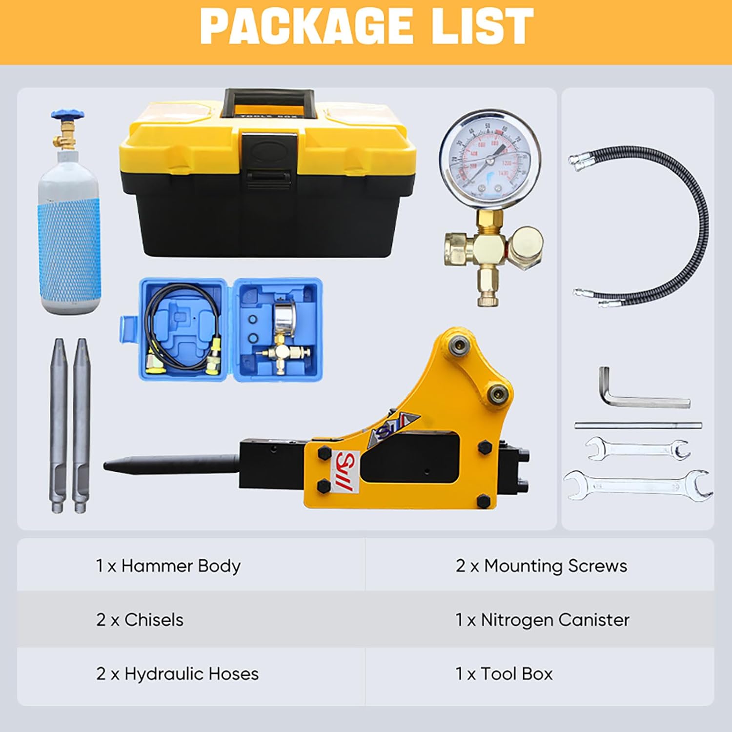 Hydraulic Breaker Hammer for 1 Ton Mini Excavator – Concrete Breaker Attachment with Nitrogen Toolbox, Drilling Tool for Small Diggers