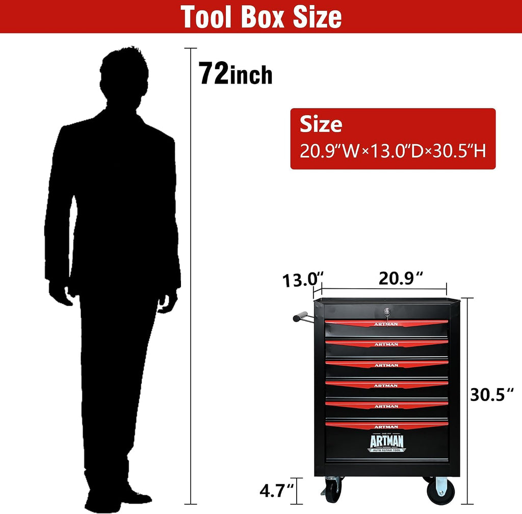 6 Drawers Tool Cart on Wheels, Multifunctional Rolling Tool Chest, Drawers Mobile Trolley Organizer Heavy Duty Tools Box with Locking Wheels & Ball Bearing Drawers (Black, 6 Drawers)
