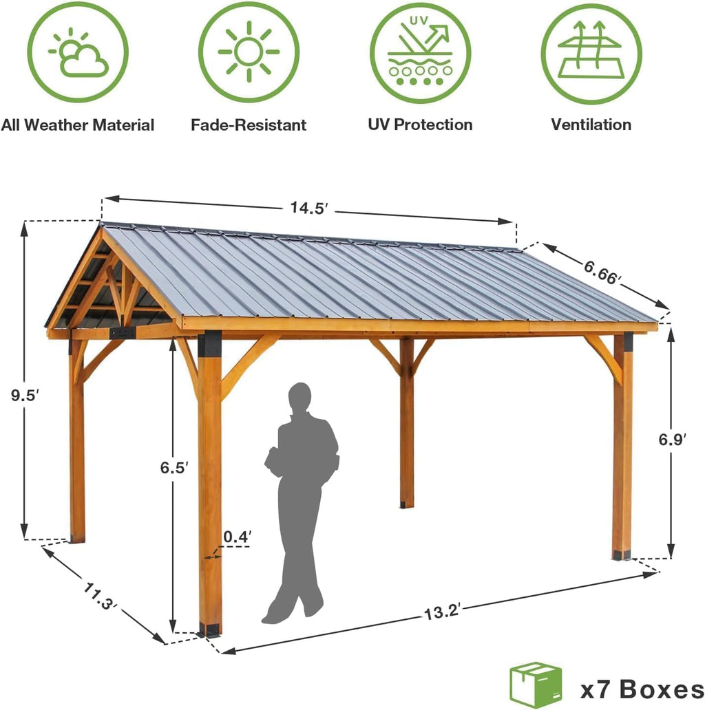 U-MAX 14' x 12' Wooden Gazebo on Clearance, BBQ Gazebo for Outdoor Grill with Thermal Insulated Polycarbonate Pyramid Hip Roof, Pergolas and Gazebos Clearance for Backyard Deck Garden Patio