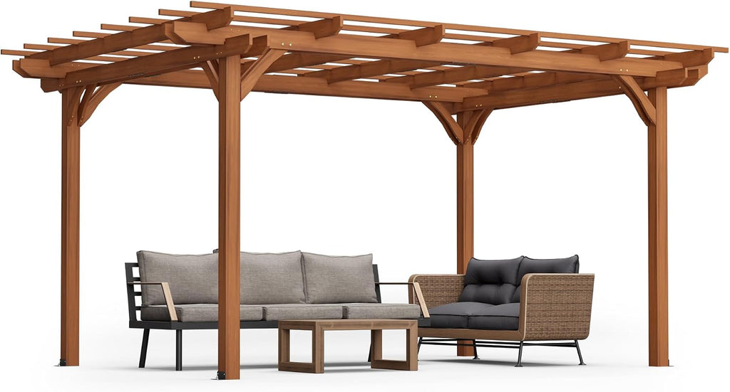 12' x 10' Outdoor Wood Pergola, Wooden Pergola Grape Trellis, Perfect for Climbing Plant Support, Garden, Terrace, Backyard, Deck, Brown