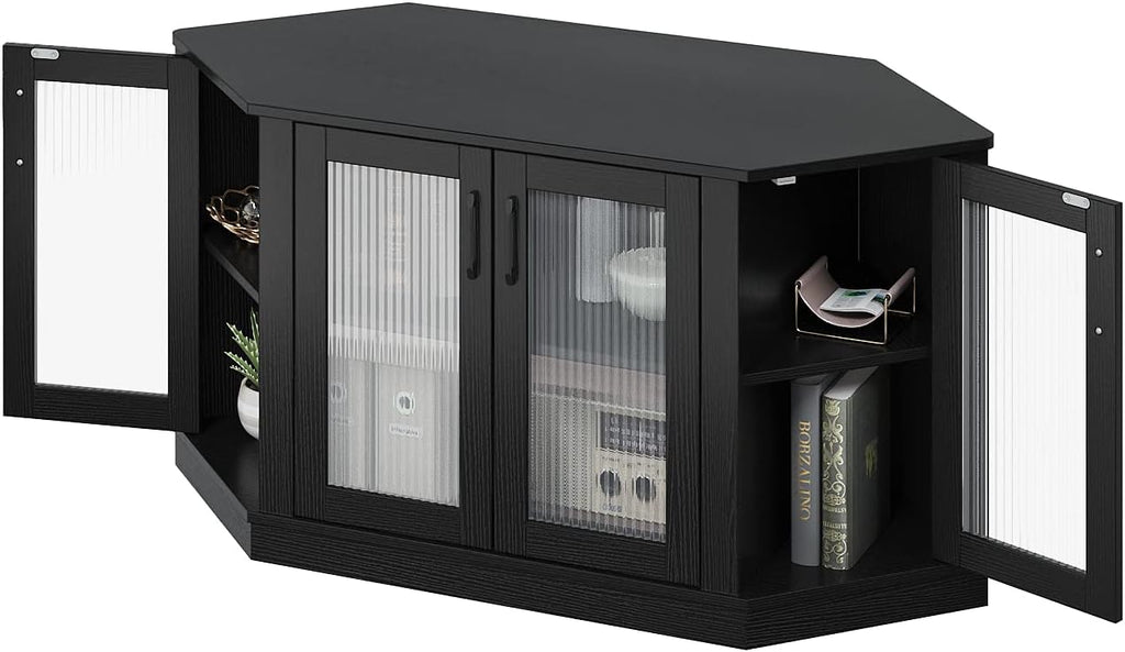 Panana Corner TV Stand - 47 Inch Media Console with 4 Doors and Shelves, Living Room Storage Entertainment Center for TVs up to 51 Inch (Black)