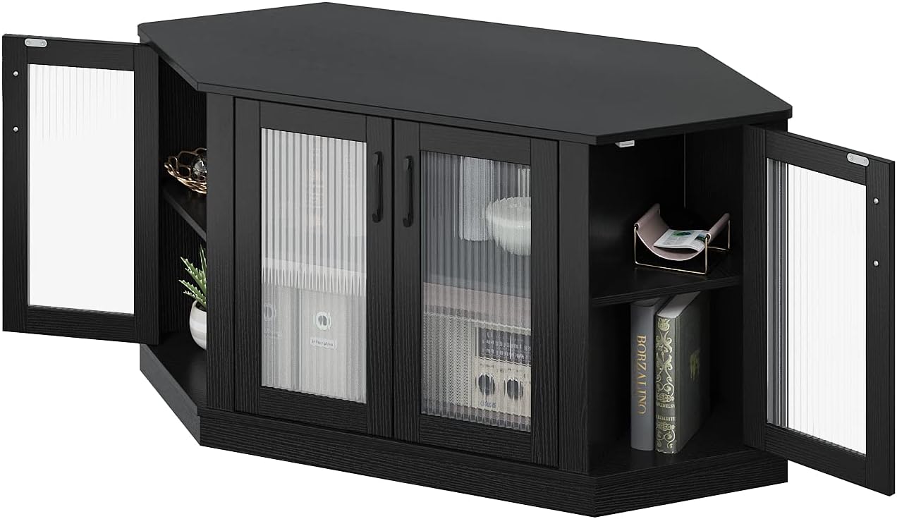 Panana Corner TV Stand - 47 Inch Media Console with 4 Doors and Shelves, Living Room Storage Entertainment Center for TVs up to 51 Inch (Black)
