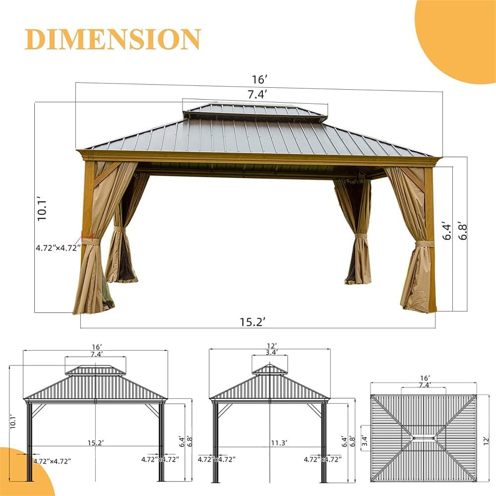 12x16 ft Hardtop Gazebo with Double Roof Canopy for Backyard Patio Deck Outdoor Use Aluminum Frame with Wood Grain Finish