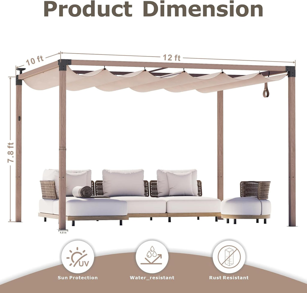 10'x12' Outdoor Pergola with Solar LED Lights,Waterproof & UPF 50+ UV-Resistant Retractable Sun Shade Canopy, Wood-Grain Aluminum Frame for Backyard, Garden, Deck, Poolside