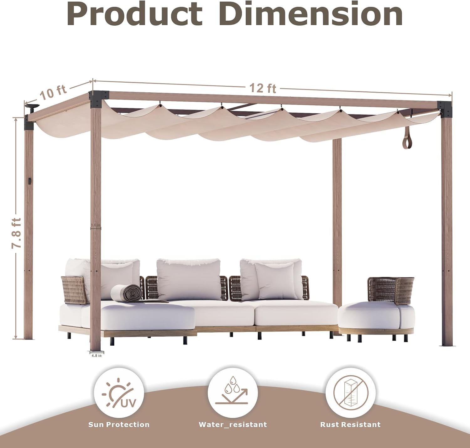 10'x12' Outdoor Pergola with Solar LED Lights,Waterproof & UPF 50+ UV-Resistant Retractable Sun Shade Canopy, Wood-Grain Aluminum Frame for Backyard, Garden, Deck, Poolside